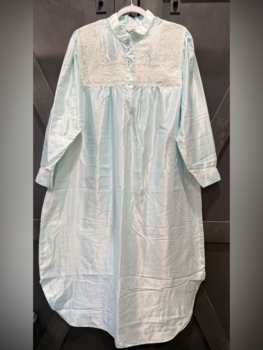 Vintage Barbizon Lace Yoke Long Sleeve Nightshirt in Pale Blue Floral Embroidery